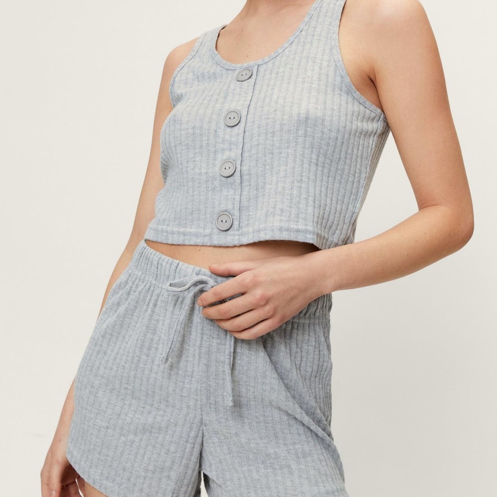 NWT Nasty Gal Ribbed Jersey Button Down Pajama Set in Gray Size Med